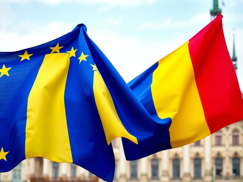 Steagurile Uniunii Europene și României împletite.