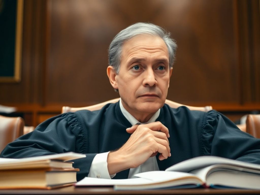 Judecător în sala de judecată, simbolizând echitate.