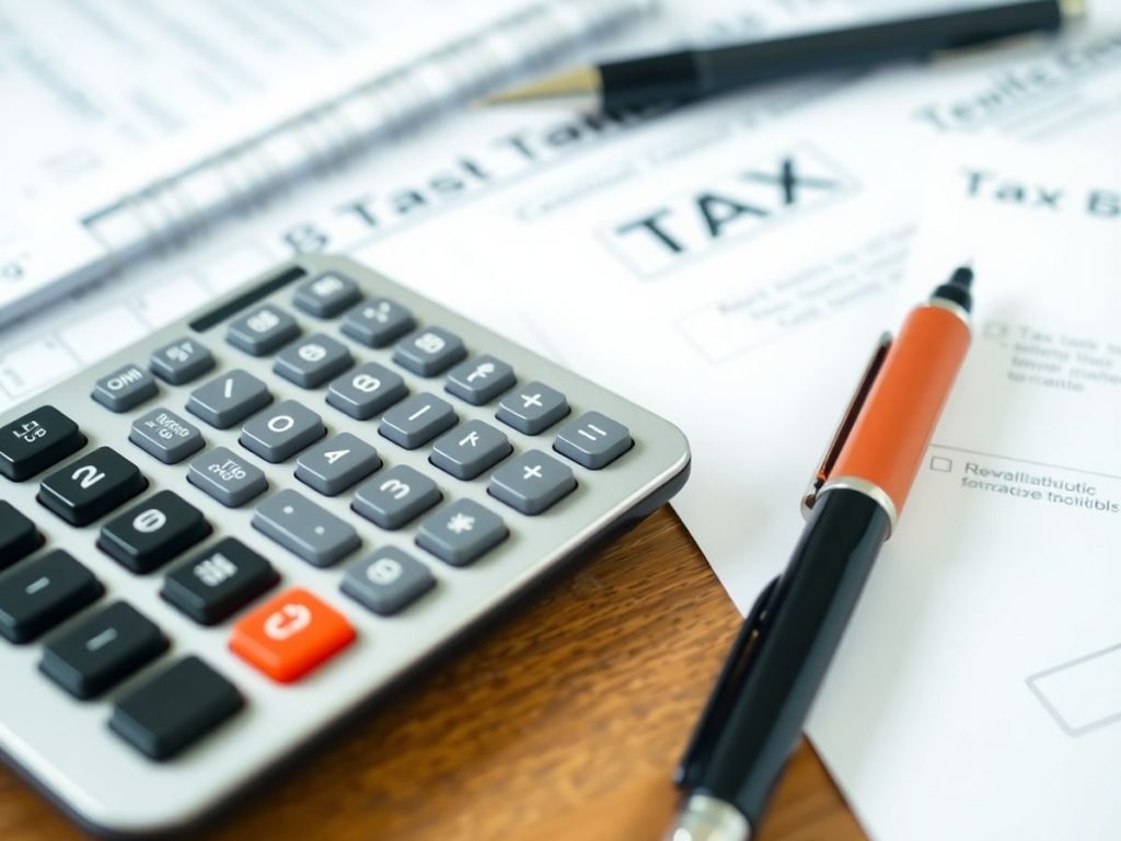 Calculator și documente fiscale pe un birou din lemn.