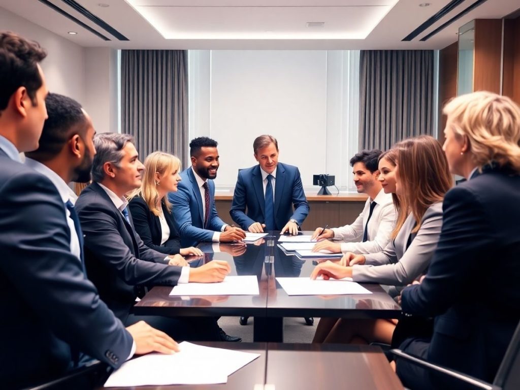 Grup divers de oameni de afaceri discutând despre arbitraj comercial.