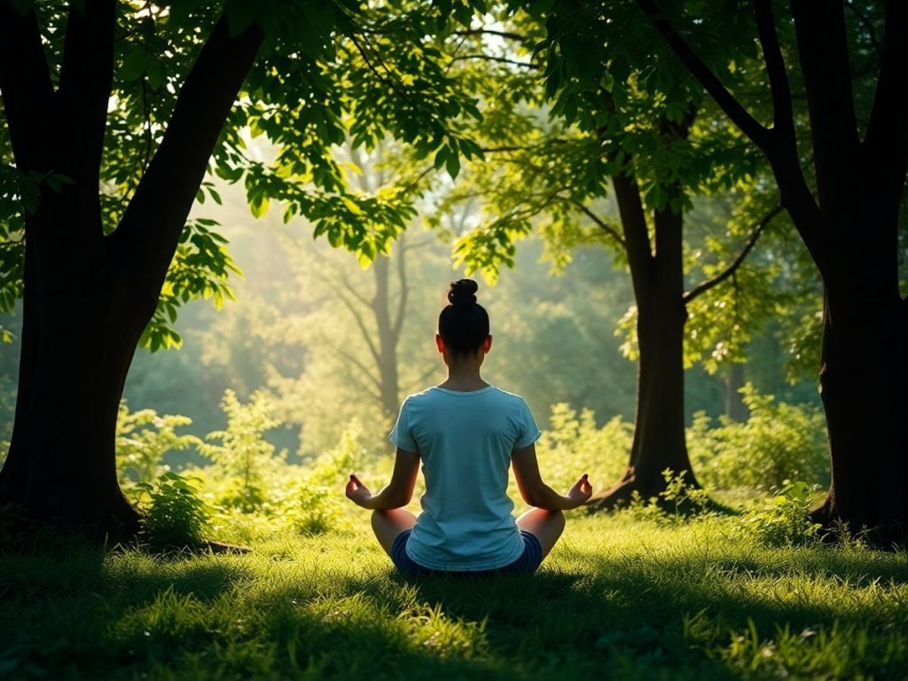 Persoană meditând în natură, într-un peisaj liniștit.