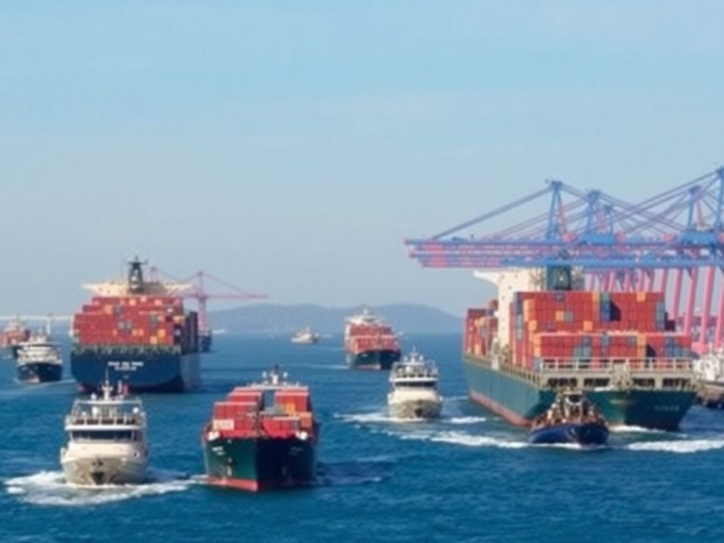 Port maritim aglomerat cu nave de marfă.