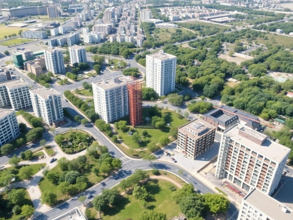 Peisaj urban modern cu clădiri și spații verzi.