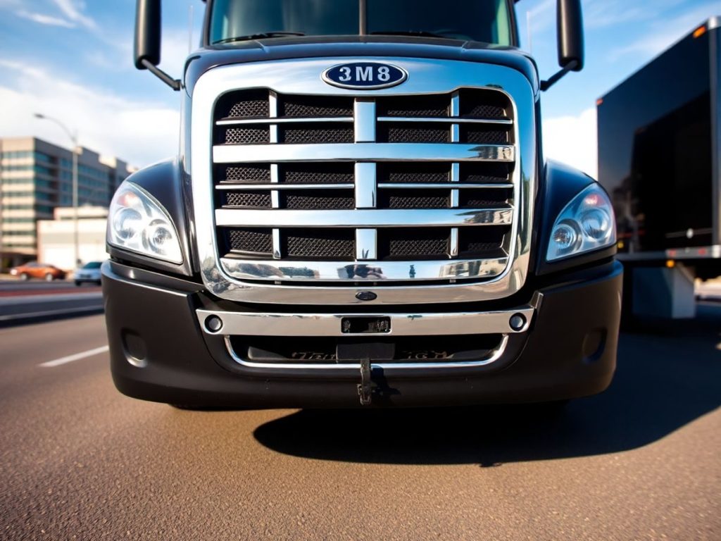 Camion pe șosea, clădiri în fundal