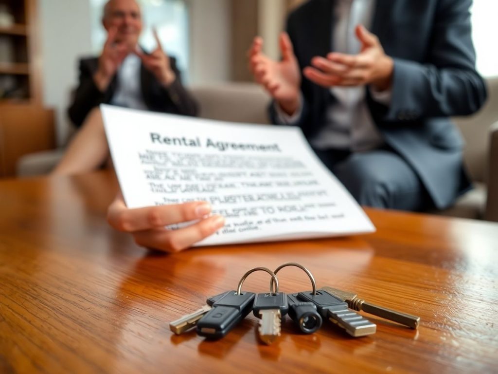 Chiriaș citește contract, proprietar discută, chei pe masă