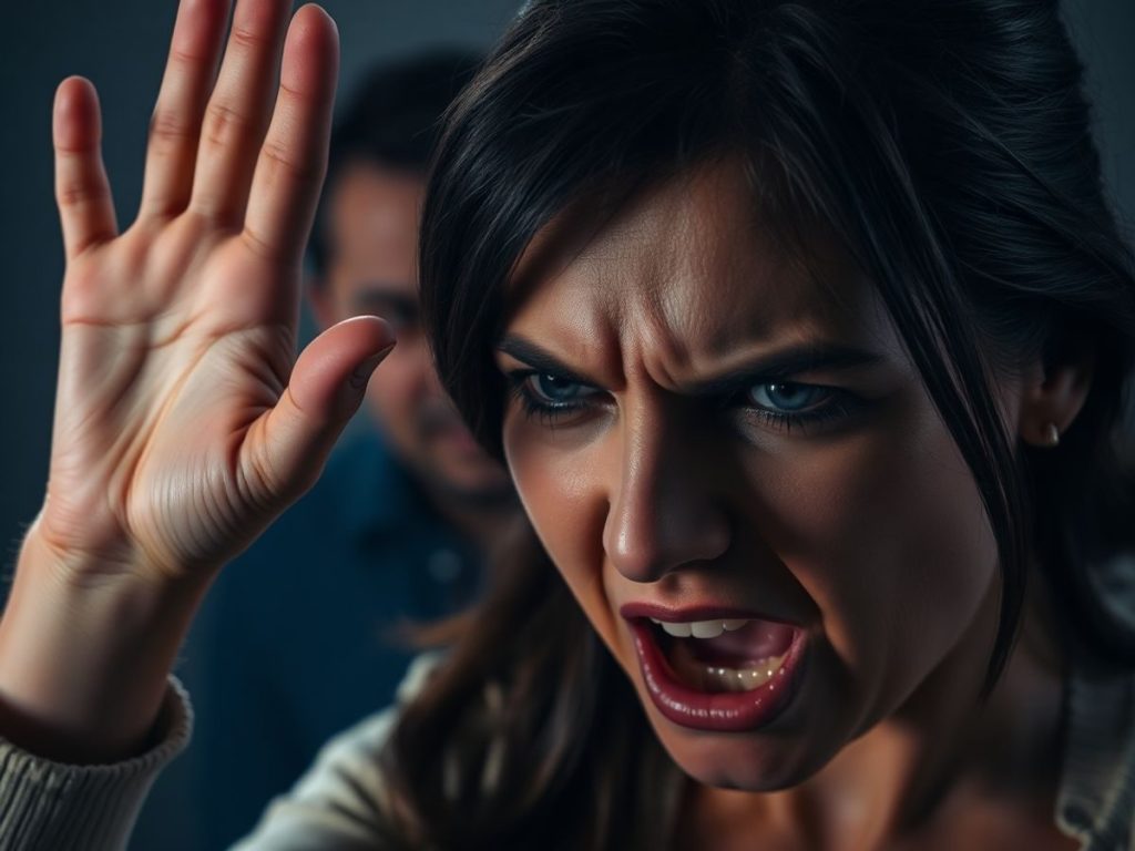 Femeie speriată, mână întinsă, barbat furios în fundal