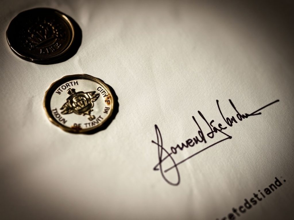 Document falsificat cu ștampile și semnături distorsionate.