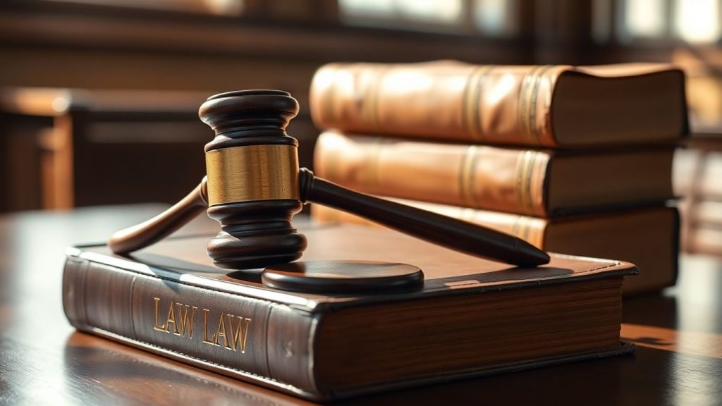 Ciocan de lemn pe cărți juridice vechi în sala de judecată.