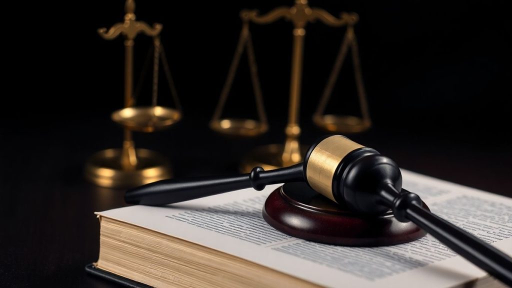 Ciocan de judecător pe carte, balanță a justiției.